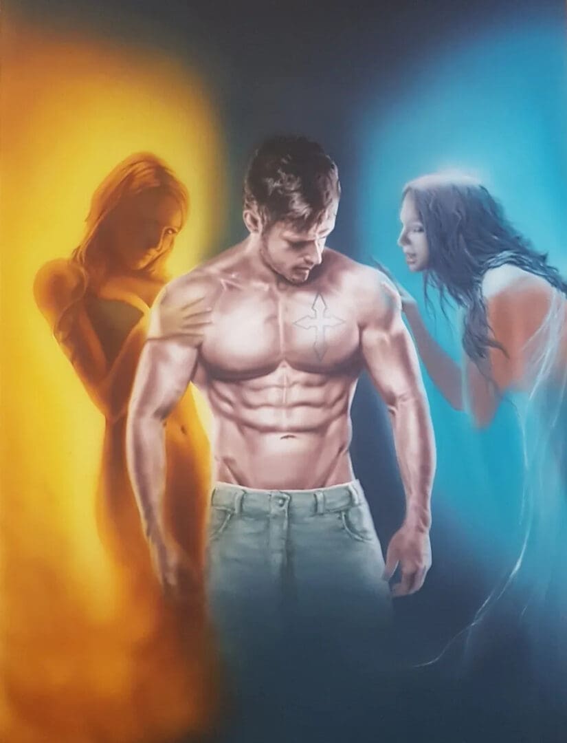 A painting of a man with no shirt and two women